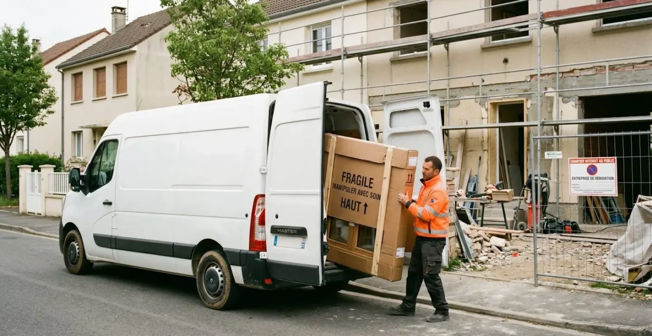 Camion de livraison déchargeant des fenêtres sur-mesure emballées et protégées devant un chantier de rénovation résidentiel
