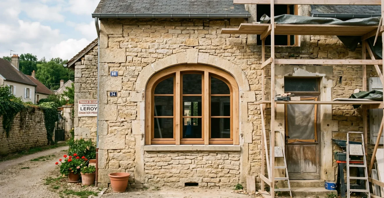 Façade en pierre d'une maison ancienne française en rénovation avec fenêtre sur mesure récemment installée dans une ouverture aux dimensions atypiques