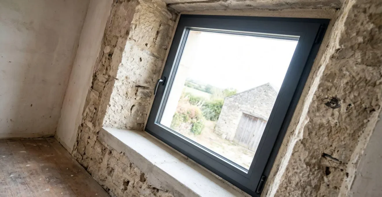 Fenêtre moderne haute performance thermique installée dans un mur épais en pierre ancienne, montrant le contraste entre cadre contemporain et bâti traditionnel