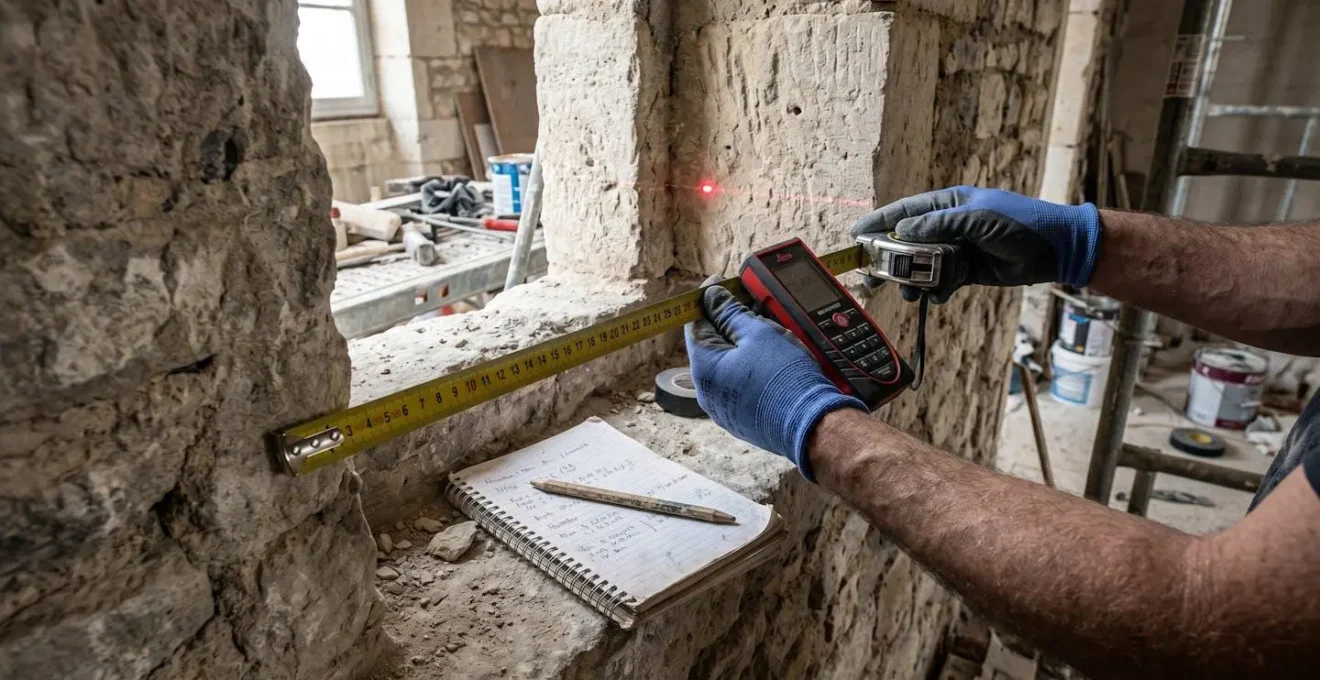 Professionnel mesurant avec précision l'ouverture d'une fenêtre dans un mur ancien à l'aide d'un mètre laser et d'un mètre ruban